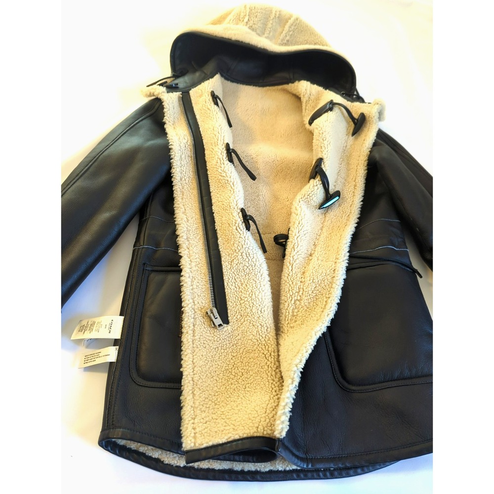 New COACH Shearling and Leather Reversible Coat Size 8 Black Cream Cozy Casual